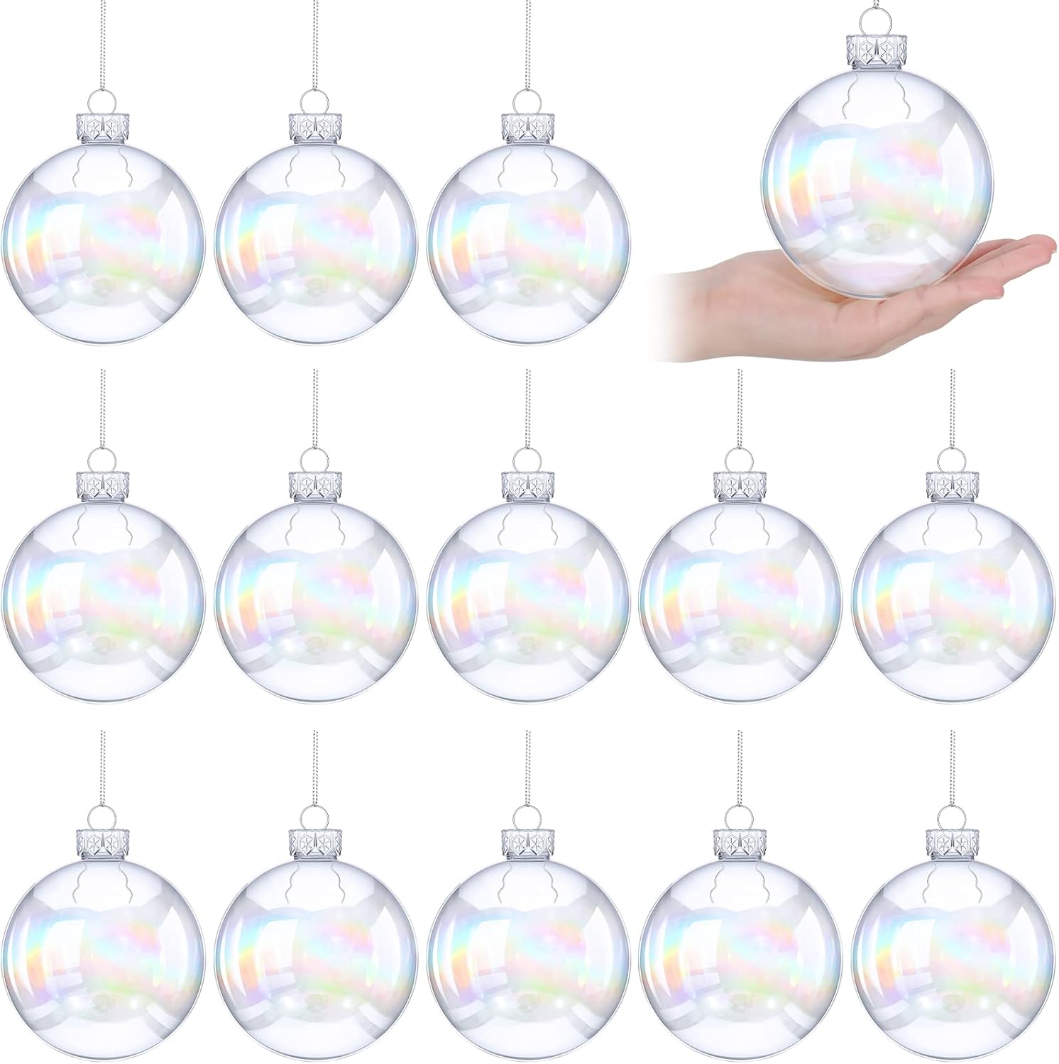 Ornaments - 12 Pcs 4'' Iridescent Ball Christmas Ornament Christmas Plastic Baubles Clear Iridescent Fillable Ornaments Ball Iridescent Christmas Ball Ornaments for Christmas Party Birthday Wedding Decorations