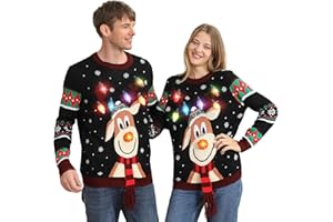 FWV Ugly Christmas Sweater Women Men 2024,Light Up Christmas Sweater,Funny Cute Reindeer Unisex Xmas Tacky Sweater Couples