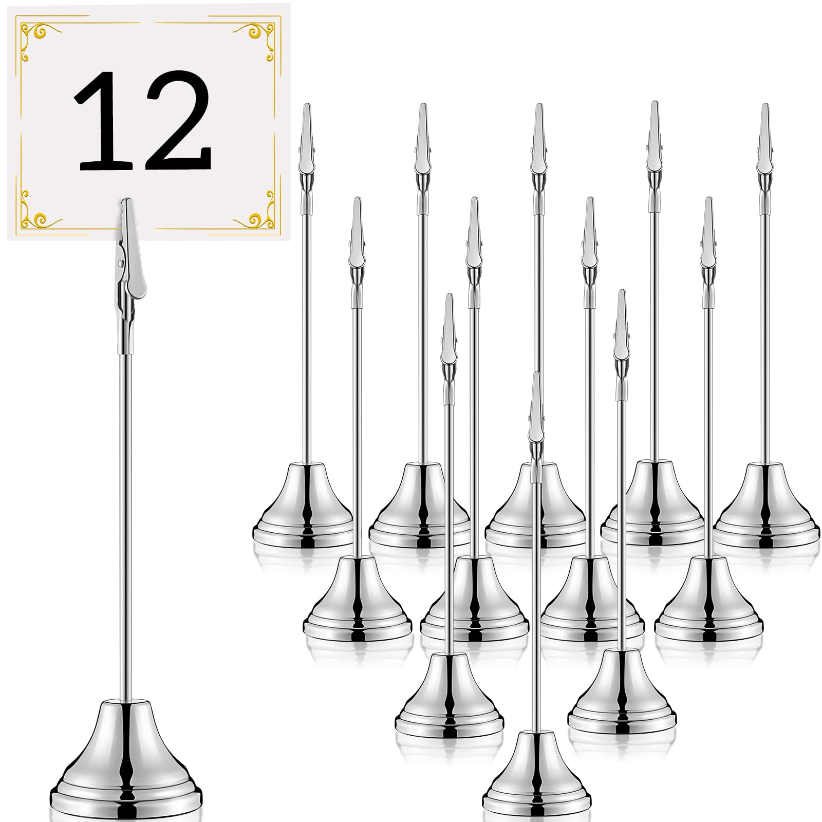 Photo 1 of Skyygemm 12 Pcs Table Number Holders 8 Inch Place Card Holder with Alligator Clip Metal Table Card Holders Table Number Stands Table Sign Holders for Photos, Food Signs, Birthdays, Weddings (Silver)