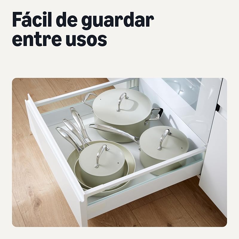 Batería de Cocina Antiadherente de Cerámica, Juego de 8 Piezas de Ollas y Sartenes, Aptas para Lavavajillas y Horno, Compatibles con Todo Tipo de Fuegos, Gris Lino