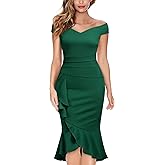Knitee Women's Off Shoulder V-Neck Ruffle Pleat Waist Bodycon Evening Cocktail Slit Formal Dress