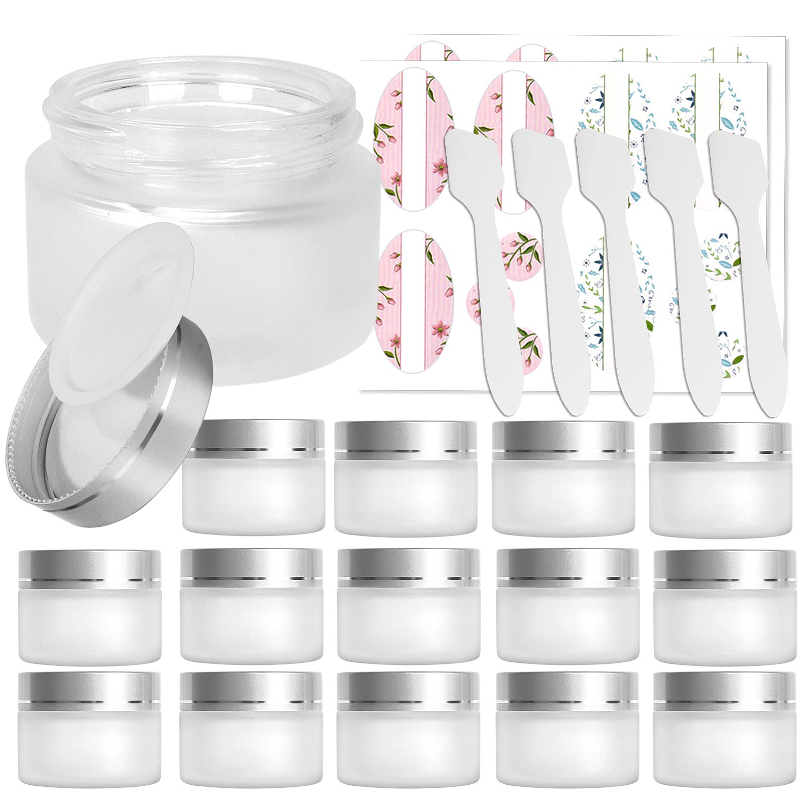 15 Pack, 1 oz 30 ml Frosted Glass Jars with Silver Lids & Inner Liners, Empty Matte Clear Round Refillable Cosmetic Containers Travel Jars for Cosmetics, Body Butter,Scrubs,Face Cream Lotion