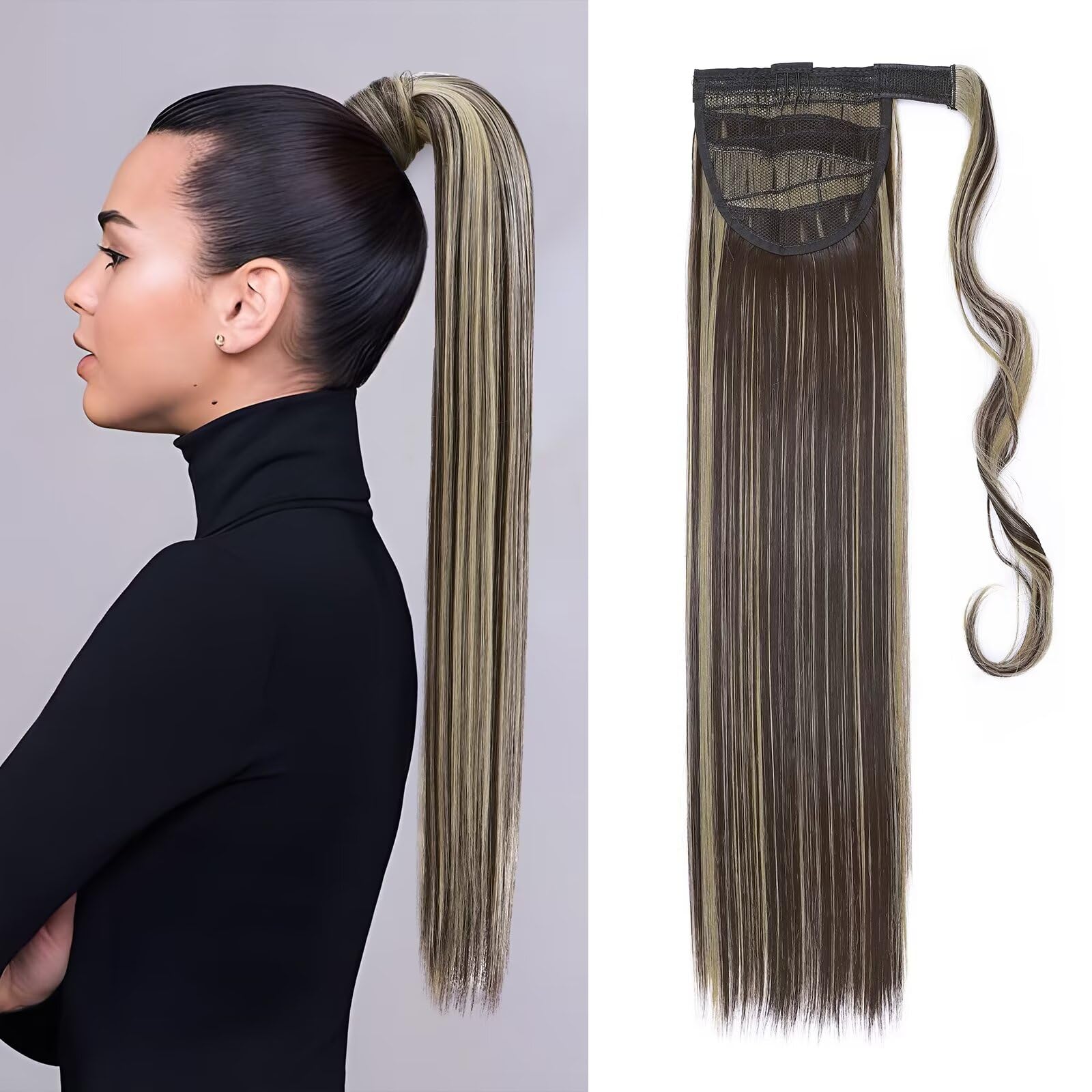 Silk-co 23" Long Straight Wrap around Ponytail Extensions Synthetic Clip in Ponytail Hair Extensions Highlighted Hairpiece for Women (Dark Brown & Golden Brown)