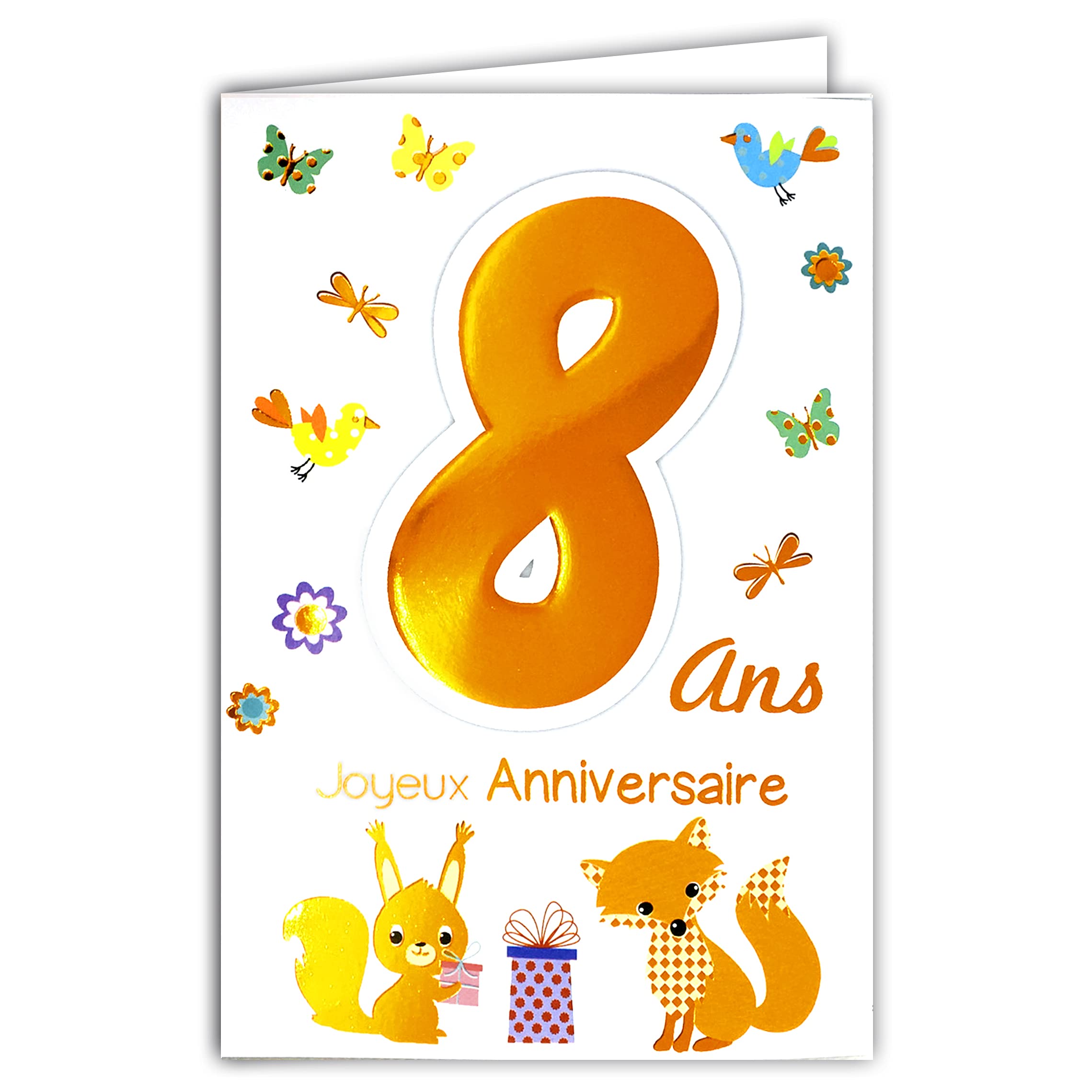 Age Mv 69-2008 Happy Birthday Card for 8 Years Child Boy Girl with Gift Motif Squirrel Fox Birds Butterflies