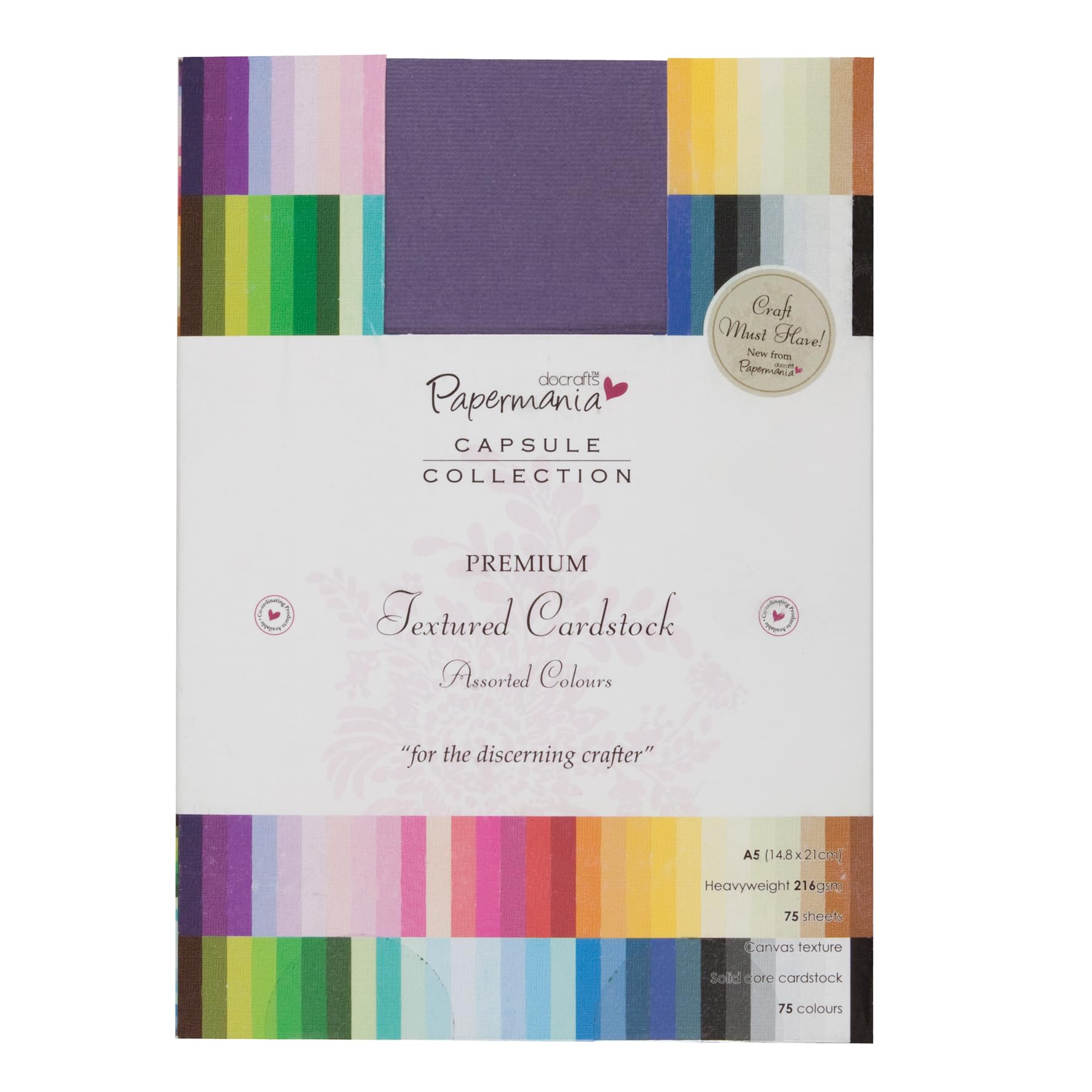 Papermania Premium Textured Cardstock, Multicoloured, A5, 75 Sheets, Coloured Card for Craft Projects and Scrapbook Supplies, Cardmaking, Art