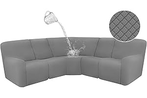ALIECOM 100% Waterproof Sectional Recliner Couch Covers L Shape Sofa Cover Jacquard Stretch 5-Piece Corner Couch Cover for Reclining Sectional Slipcover Furniture Protector (5 Seat, Gray)