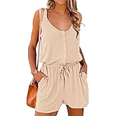 PRETTYGARDEN Women's Summer Casual Shorts Jumpsuit Plain Scoop Neck Button Down Sleeveless Tank Top Rompers With Pockets
