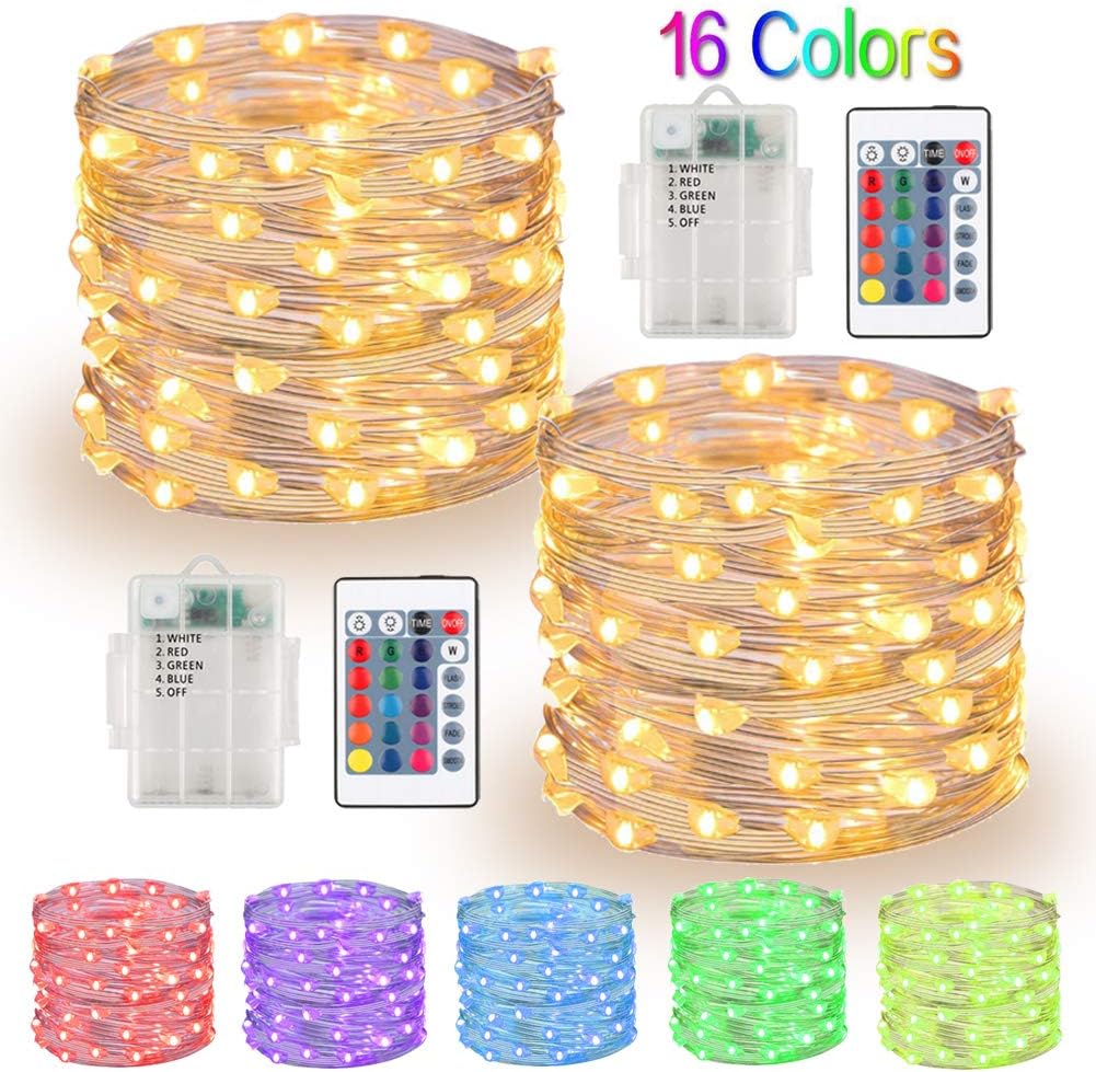 MJMIX RGB Fairy Lights 2 Pack 33ft 100 LED String Lights Battery Operated Multi Color Changing Waterproof Silver Wire Firefly Starry Lights with Remote Timer for Bedroom Party Christmas Wedding Decor