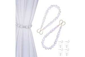 Groleca 2 Pieces Wood Bead Curtain Tiebacks, Decorative Curtain Holdbacks Curtain Tie Backs with Hooks Outdoor Curtain Tiebacks Curtain Holders Curtain Ties for Drapes (Whitewashed, 2)