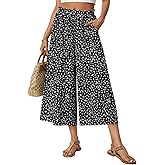 Anyhold Women's Capri Palazzo Pants High Waisted Wide Leg Adjustable Drawstring Loose Fit Summer Beach Pants Pockets