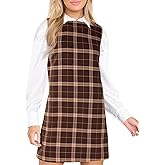 Wenrine Womens Plaid Overall Mini Dress Casual Sleeveless Round Neck A Line Short Fall Christmas Dresses