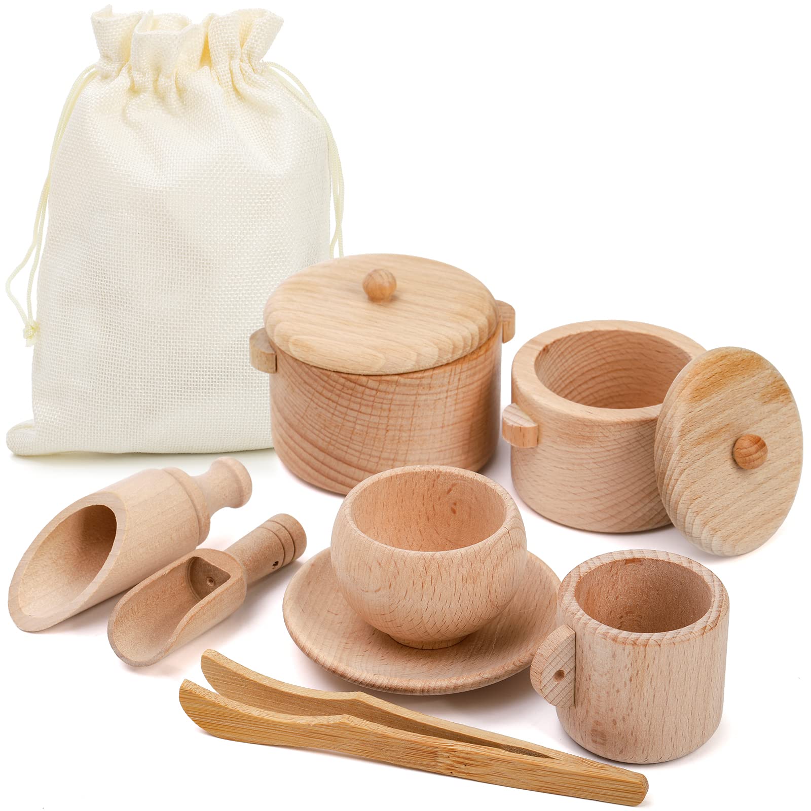 Photo 1 of Hiceeden Set of 9 Wooden Sensory Bin Tools for Toddler and Kids, Sensory Scoops and Tongs Toys with Bag, Waldorf Montessori Toys for Fine Motor Skill Learning