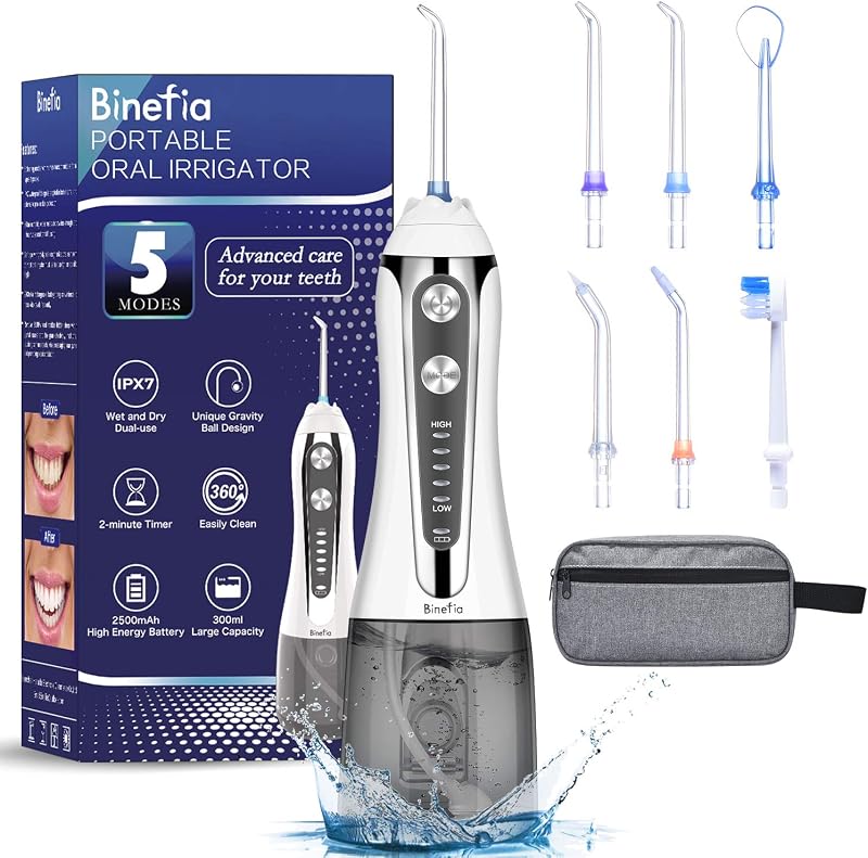 Binefia Water Flosser Cordless 5 Modes IPX7 300ML 6 Tips USB Rechargeable