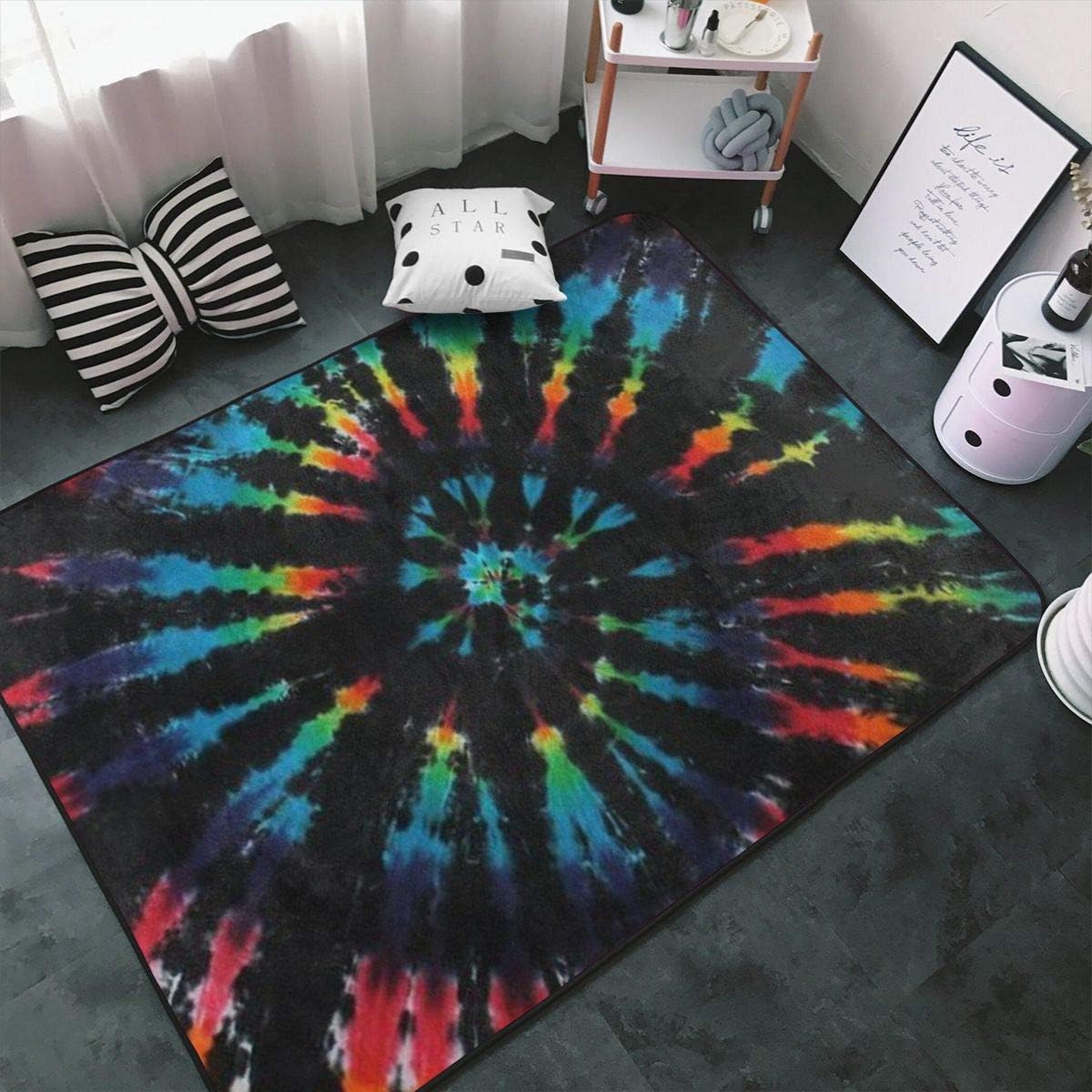 Memory Foam Area Rug for Living Room Playroom Dorm Room, Anti-Slip Backing Floor Pad Rugs Luxurious Throw Rugs Carpet, Ergonomical, Black Tie Dye Shaggy Rugs: Kitchen & Dining