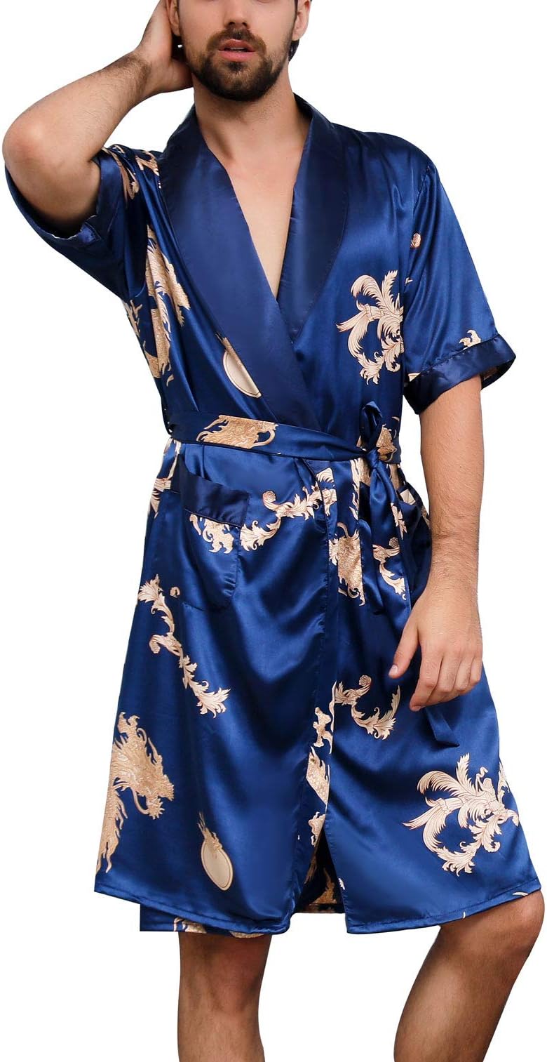 AIEOE Men Satin Kimono Robe Silk Lightweight Classic Bathrobe with Boxer Shorts