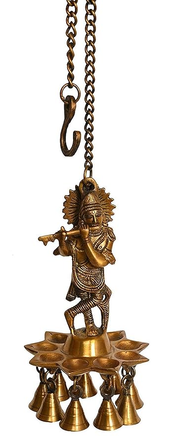 Crafthut Brass Statue / Diya / Deepak/ Oil Lamp Of Lord Krishna Roof Hanging With Bells,(Hxwxd - 8.5 X 4.5 X 4.5) Inches, 15.5 Inch