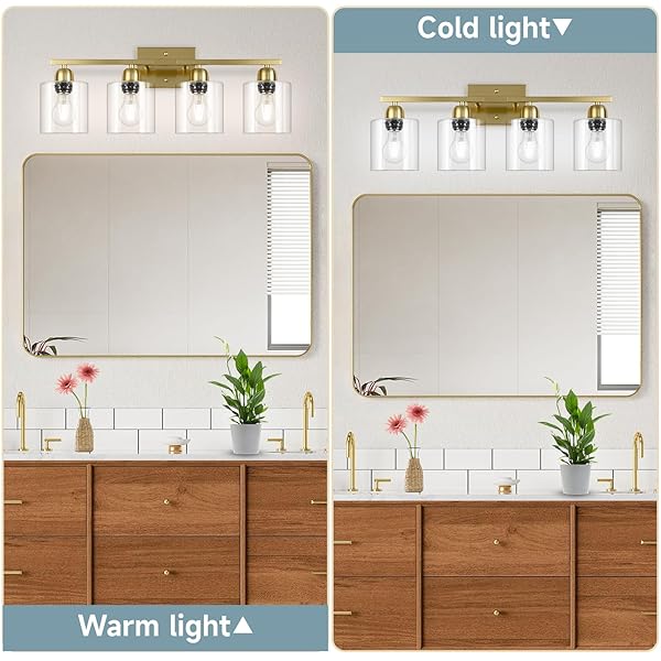 FAISHILAN MODERN BRUSHED GOLD 4 LIGHT BATHROOM LIGHT FIXTURES, 24 INCH VANITY LIGHTS FOR BATHROOM WITH CLEAR GLASS, BATHROOM VANITY LIGHT FOR MIRROR KITCHEN LIVING ROOM HALLWAY CABINET PORCH