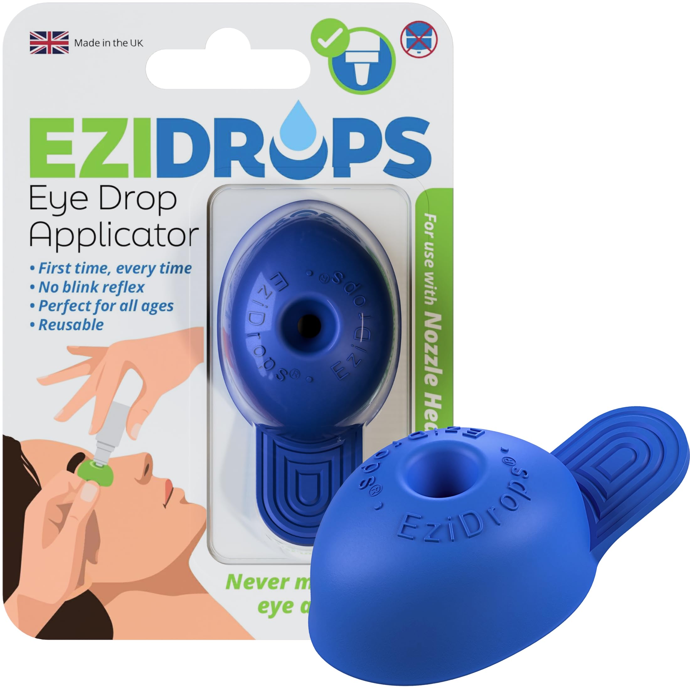 EziDrops Eye Drop Dispenser for Elderly – Suitable for All Ages – Easy-to-Use Eye Dropper Dispenser for Nozzle Head Bottles – Stops Blink Reflex – Reusable, Precise & Comfortable (Blue)