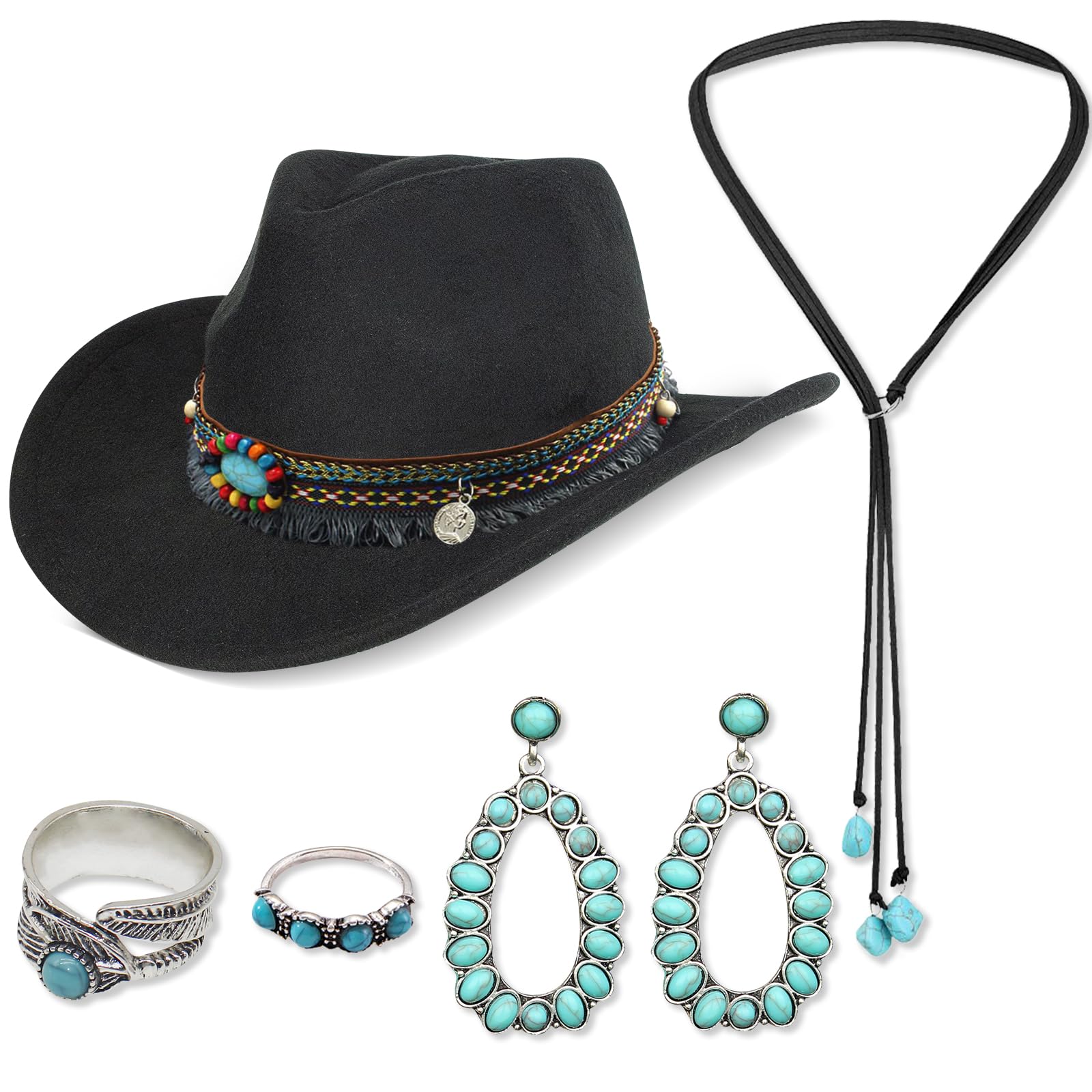 5Pcs Cowboy Hat Accessories for Women, Western Cowgirl Costume Set with Wide Brim Cow boy Hat Turquoise Necklace Earrings Rings 70s Boho Hippy Fancy Dress for Adult Cosplay Carnival Halloween