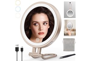 IMIKONA Travel Makeup Mirror with Lights,3000mAh Rechargeable 1X/10X Magnifying Mirror with Light, 7" Portable Lighted Beauty Mirror, Make Up Mirrors with 3 Light Colors, Dimmable Tabletop Handhold Hanging