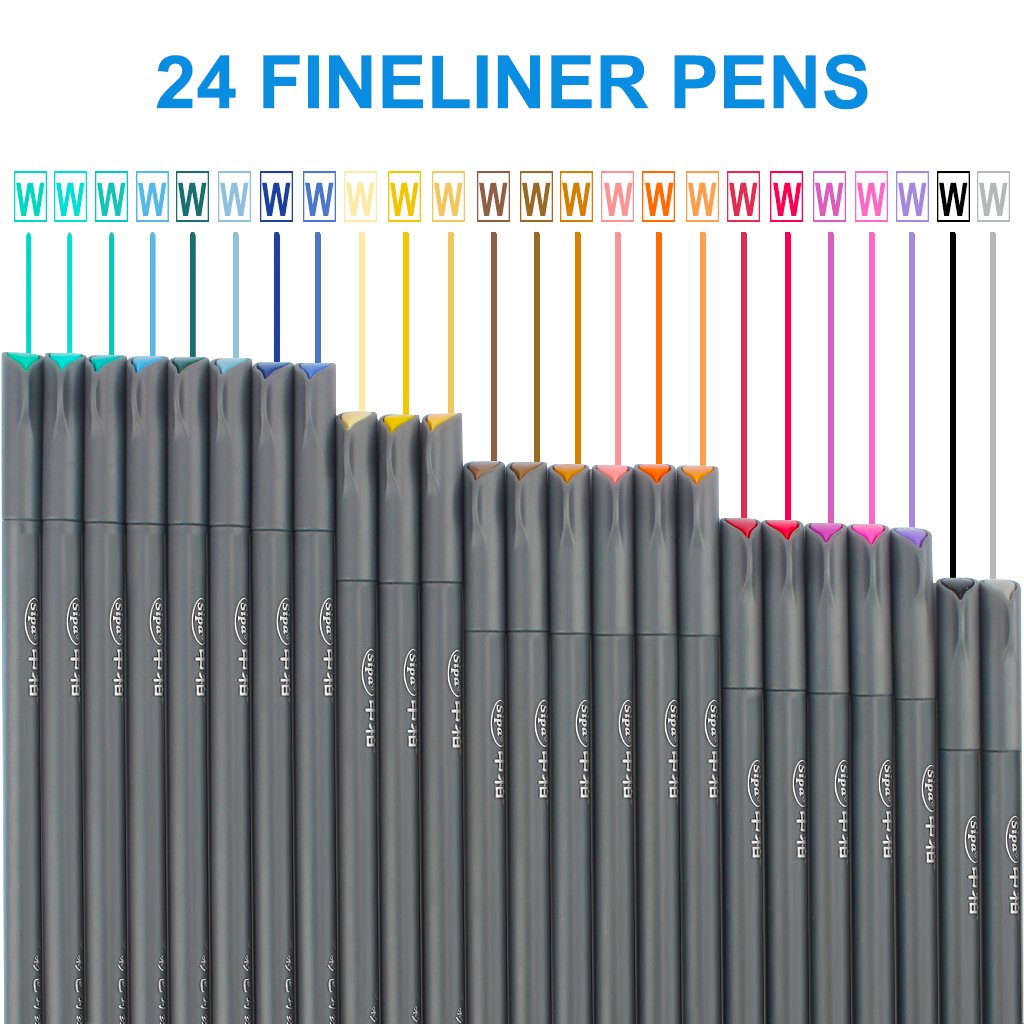 Soucolor Fineliner Pens Coloured Set Fine Point 0.38mm in 24 Assorted Colours No Duplicates for Bullet Journal Artists Fine-Ink Drawings and Adult Colouring Books (24 Fineliner Pens)