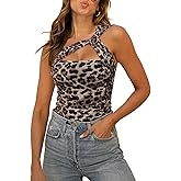 REORIA Womens Sexy One Shoulder Asymmetrical Leopard Print Mesh Ruched Backless Going Out Bodysuits Tops