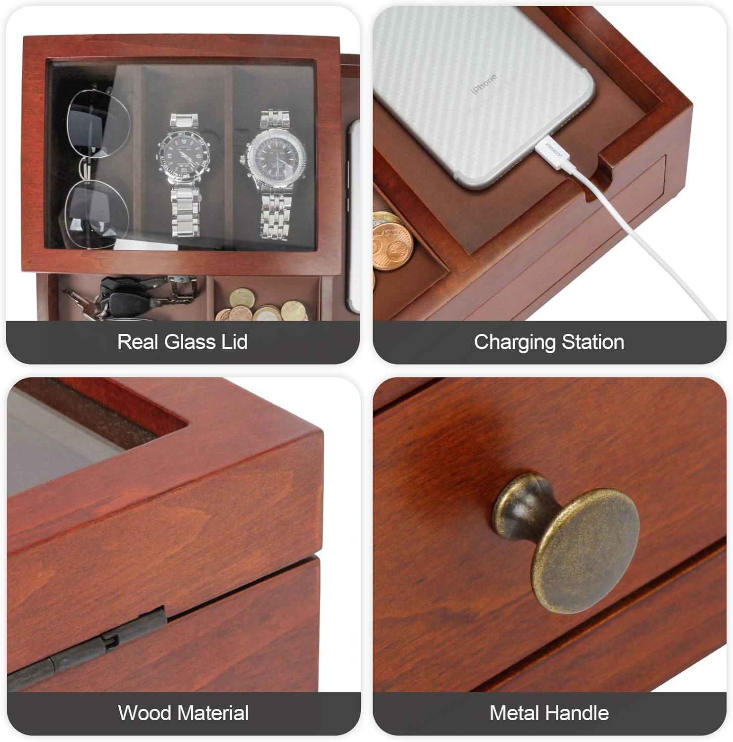Homde Dresser Valet Organizer Wood Mens Storage Box with Large Smartphone Charging Station for Watches, Sunglasses, Jewelry and Accessories: Home Improvement