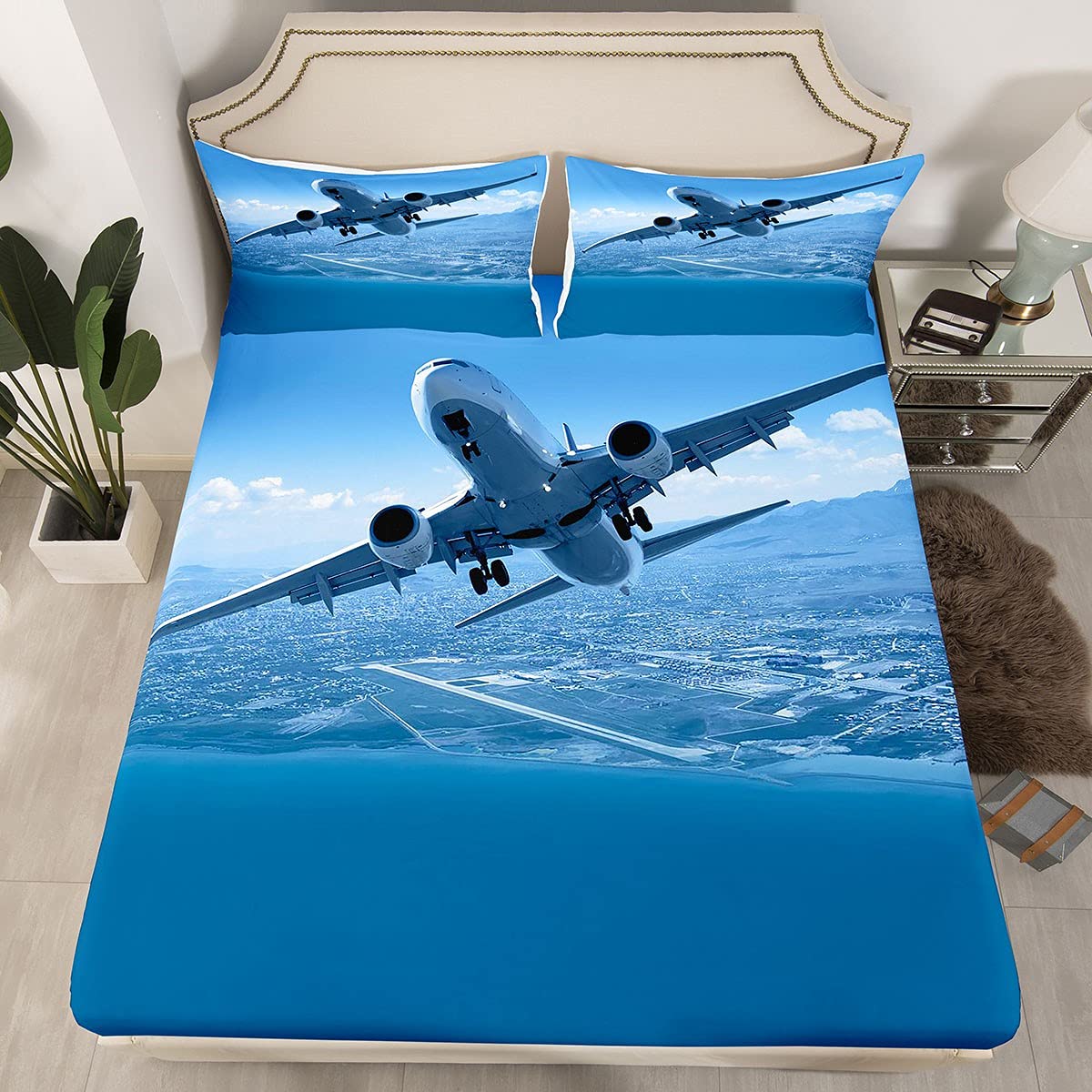Airplane Bedding Sheets Aircraft Bed Sheet Set for Kids Boys Girls Blue Sky Flying Airplane Bedding Fitted Sheet Novelty Modern Bed Cover 3Pcs Double Size