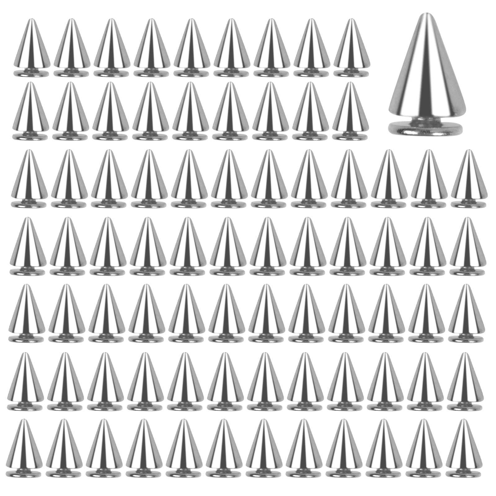 100Pcs Metal Spikes Studs Cone Spikes Rivets Punk Bullet Screwback Studs Metallic Screw Back Studs Rivet Big Tree Spikes for DIY Leather Craft Clothing Bags Punk Choker Collar Necklace, 7x10mm Siver