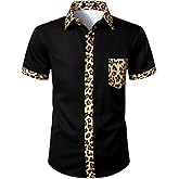 JEMITOP Men's Stretchy Causal Leopard Cheetah Print Short Sleeve Slim Fit Button Up Shirt