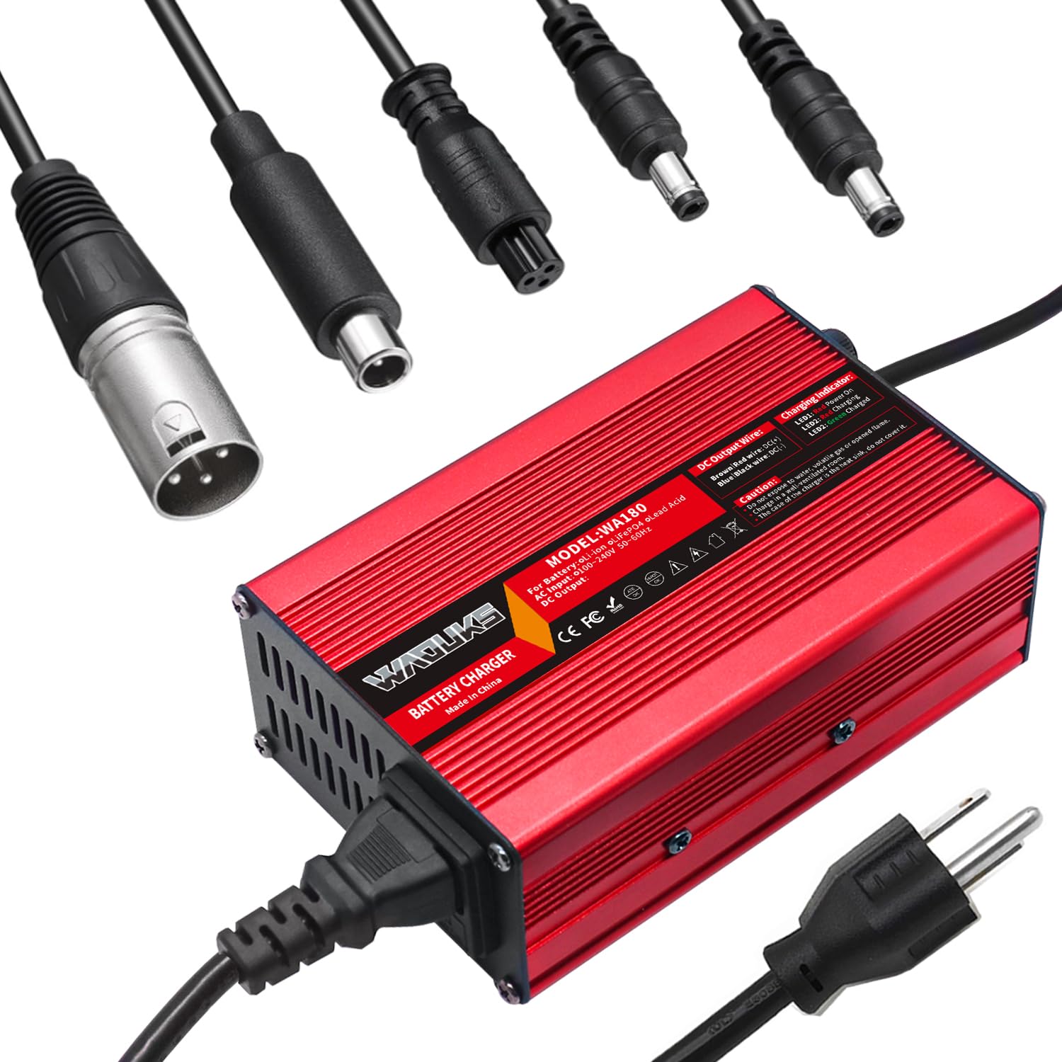 Photo 1 of WAOUKS 54.6V 3A Li-ion Battery Charger Red Aluminum Case with Cooling Fan for 13S 48V 10Ah 15Ah 20Ah 30Ah 40Ah Lithium Li-ion Battery Pack with 5 Plugs Plug Connector