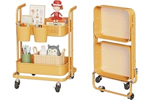 Merapi 2 Tier Rolling Cart, Metal Utility Cart with Wheels, Foldable Under Desk Storage Cart, Small Folding Bookshelf Trolley for Living Room, Kitchen, Bathroom, Bedroom and Office,Pale Marigold