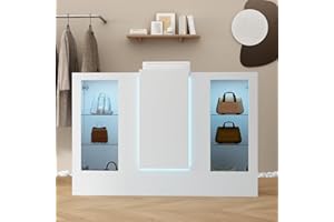 ROMSHINE Reception Desk with Counter, 59.1 inch Front Desk with LED Light & Glass Display Shelf, Reception Room Table with Cable Grommet, Retail Counter Salon Reception for Checkout, White