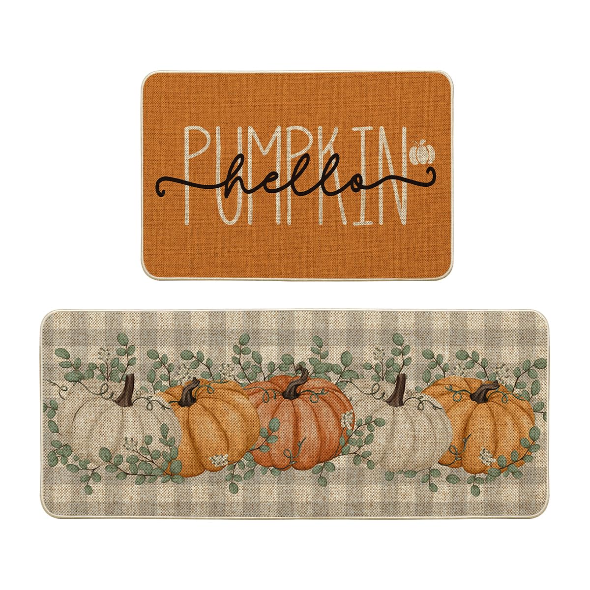 Artoid Mode Orange Buffalo Plaid Hello Pumpkin Fall Kitchen Mats Set of ...