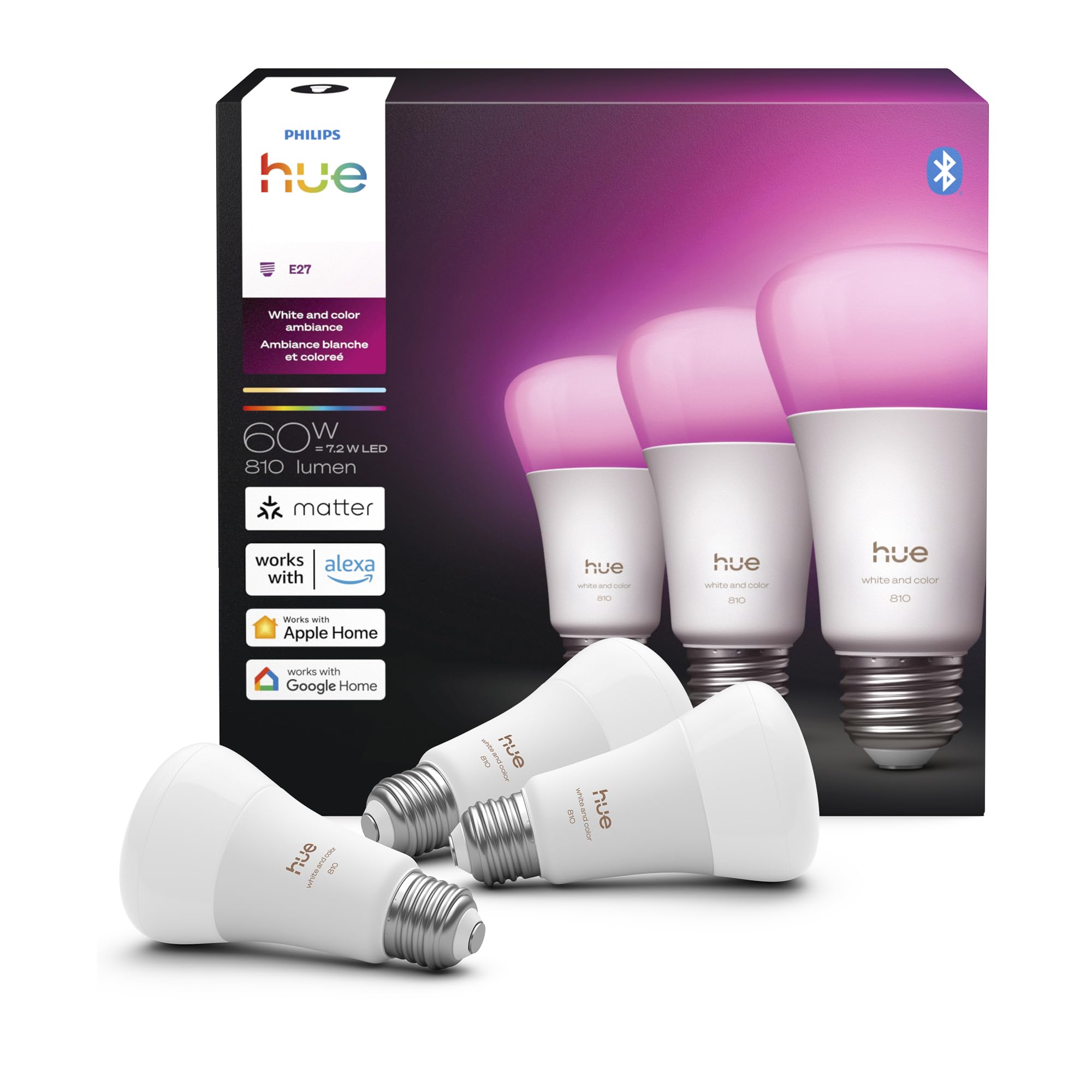 Philips Hue Smart LED A19 Bulb, White & Color Ambiance, E26 Base, 7.2W, Full Spectrum Light 1000K-20000K, 810 Lumens, Dimmable, Works with Alexa, Google,& Apple Home, 3pk Image
