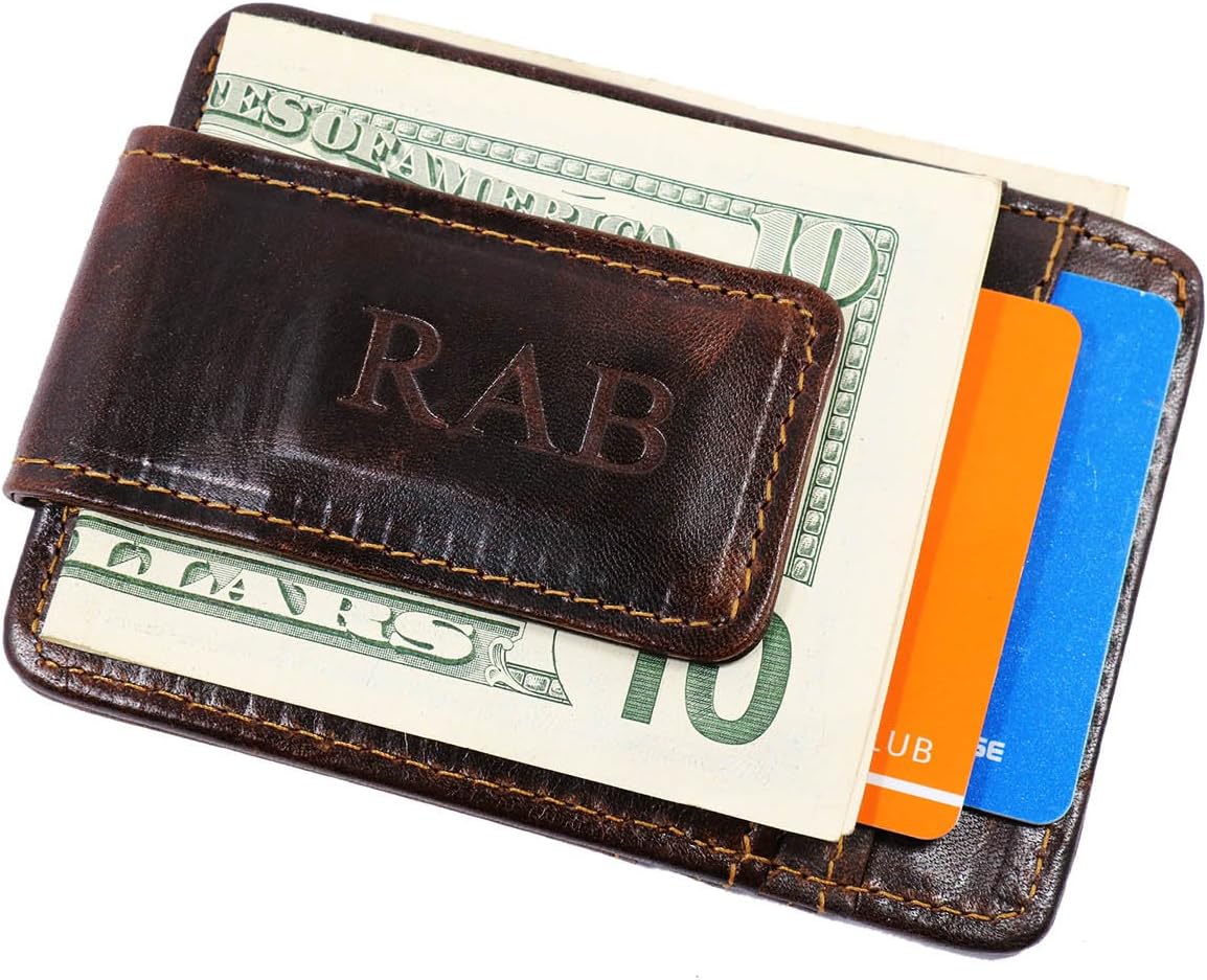 Personalized Men Leather Slim Wallet Credit Card Holder Cowhide Magnet Money Clip,Magnetic Money Clip Wallet