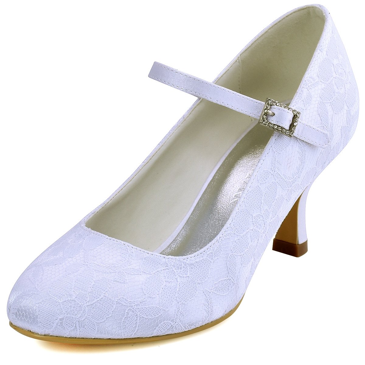 ELEGANTPARK Women Mary Jane Pumps Closed Toe Mid Heel Lace Wedding Bridal Shoes