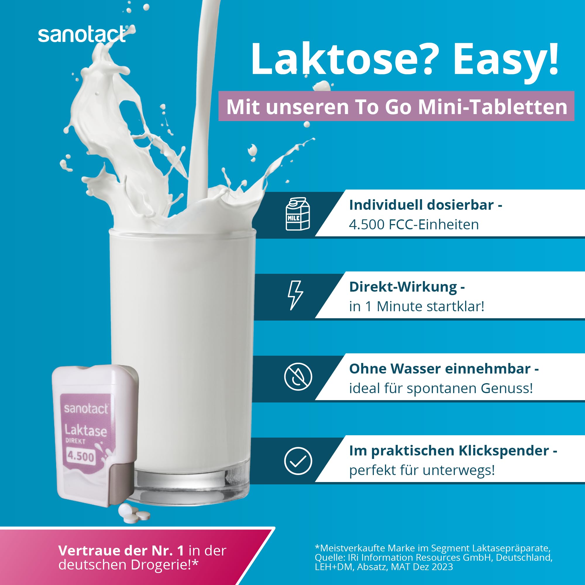 sanotact Laktase Direkt 4.500 Mini-Tabletten – 100 Stück | Für Laktoseintoleranz | Sofortige Wirkung | Ohne Wasser einnehmbar | Praktischer Klickspender 3