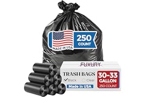 Fuxury 30-33 Gallon Trash Bags Medium Duty, 250 Count Garbage Bags, 32 x 38" Extra Large Black Trash Bags, 0.6 Mil Plastic Bags for Serious Garbage Cleanup, Made in USA