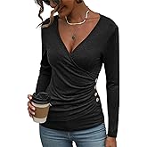EasyGala Women's Long Sleeve Deep V Neck Tops Wrap Ruched Slim Fit Shirts Button Side Blouse Sexy Fall Outfits 2025