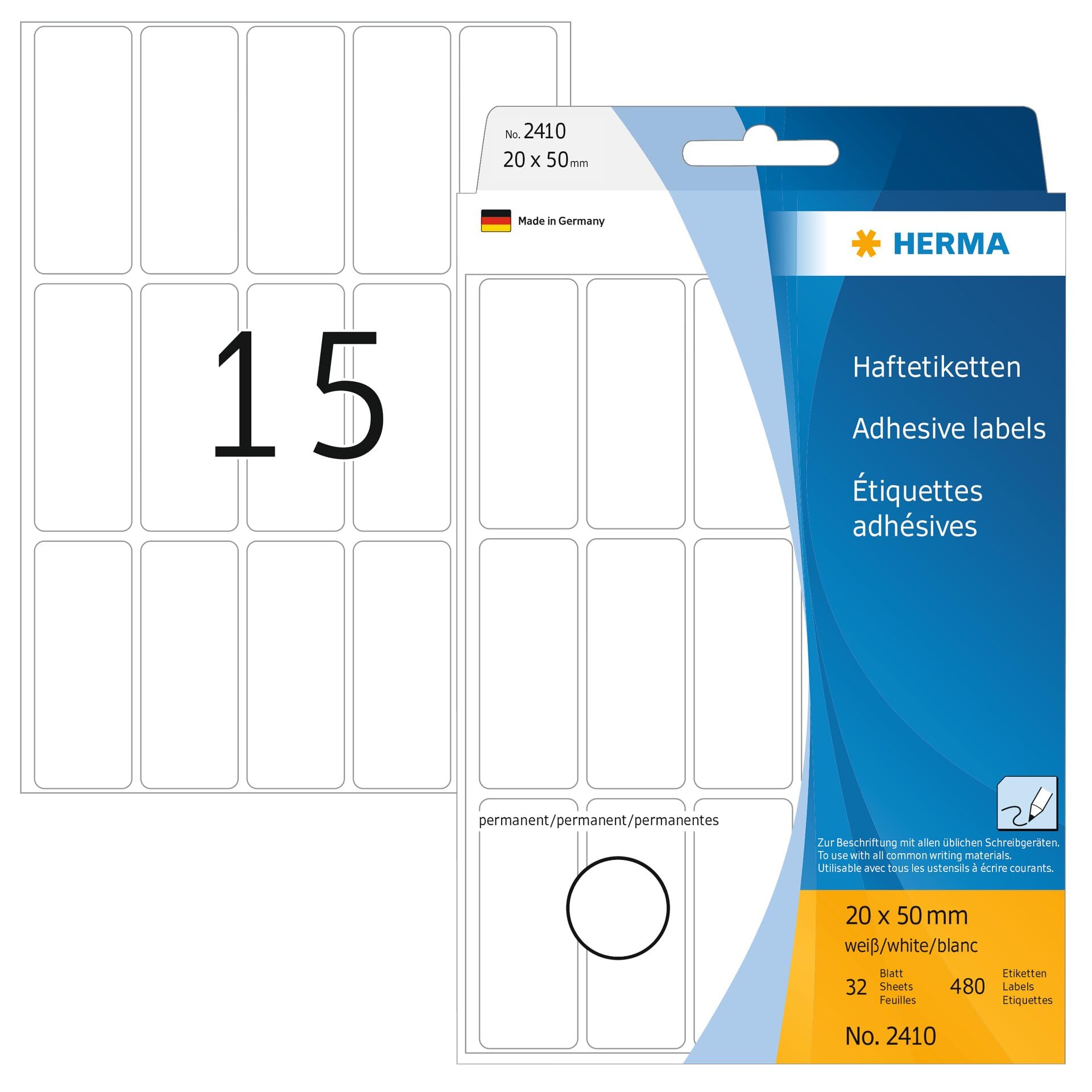 HERMA Multi Purpose Labels, 15 Labels per Sheet, 32 Sheets, 20 x 50 mm, 480 Labels, Self Adhesive Small Labels Stickers, Blank Sticky Labels for Office Kitchen Home, White