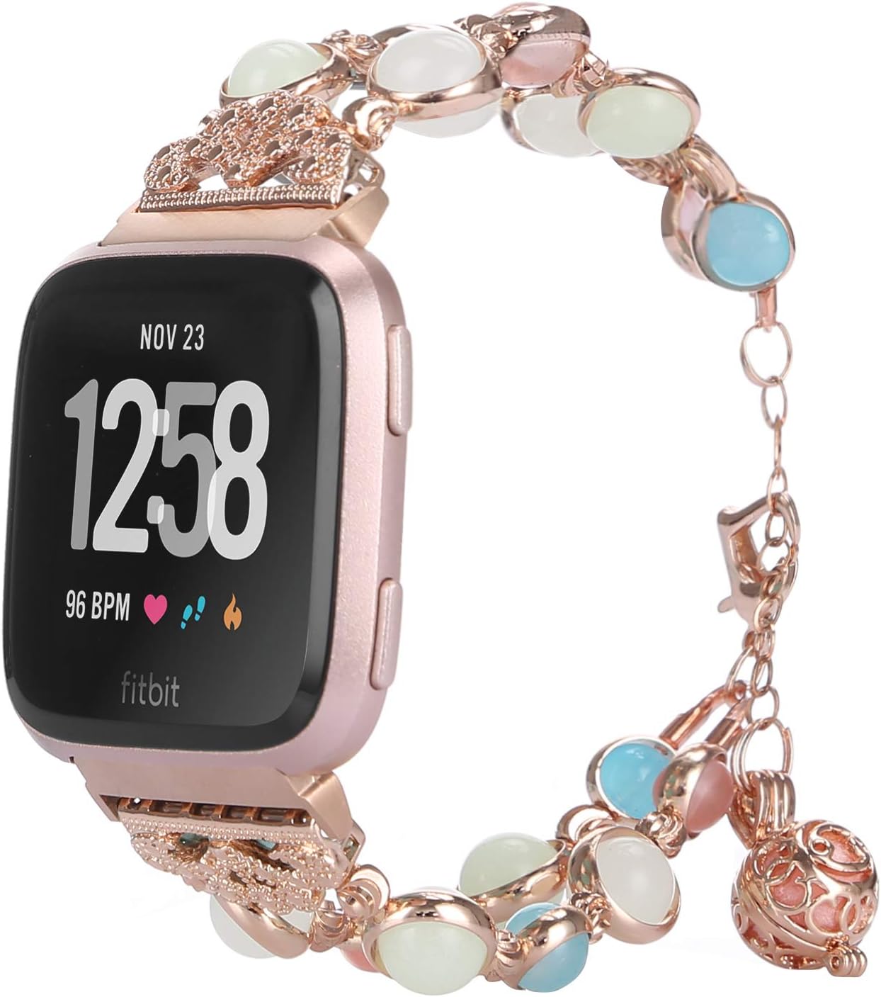 TILON Compatible for Fitbit Versa Band, Adjustable Metal Link Wristband Handmade Night Luminous Pearl iWatch Bracelet with Essential Oil/Perfume Storage Pendant for Women/Girls(Rose Gold)