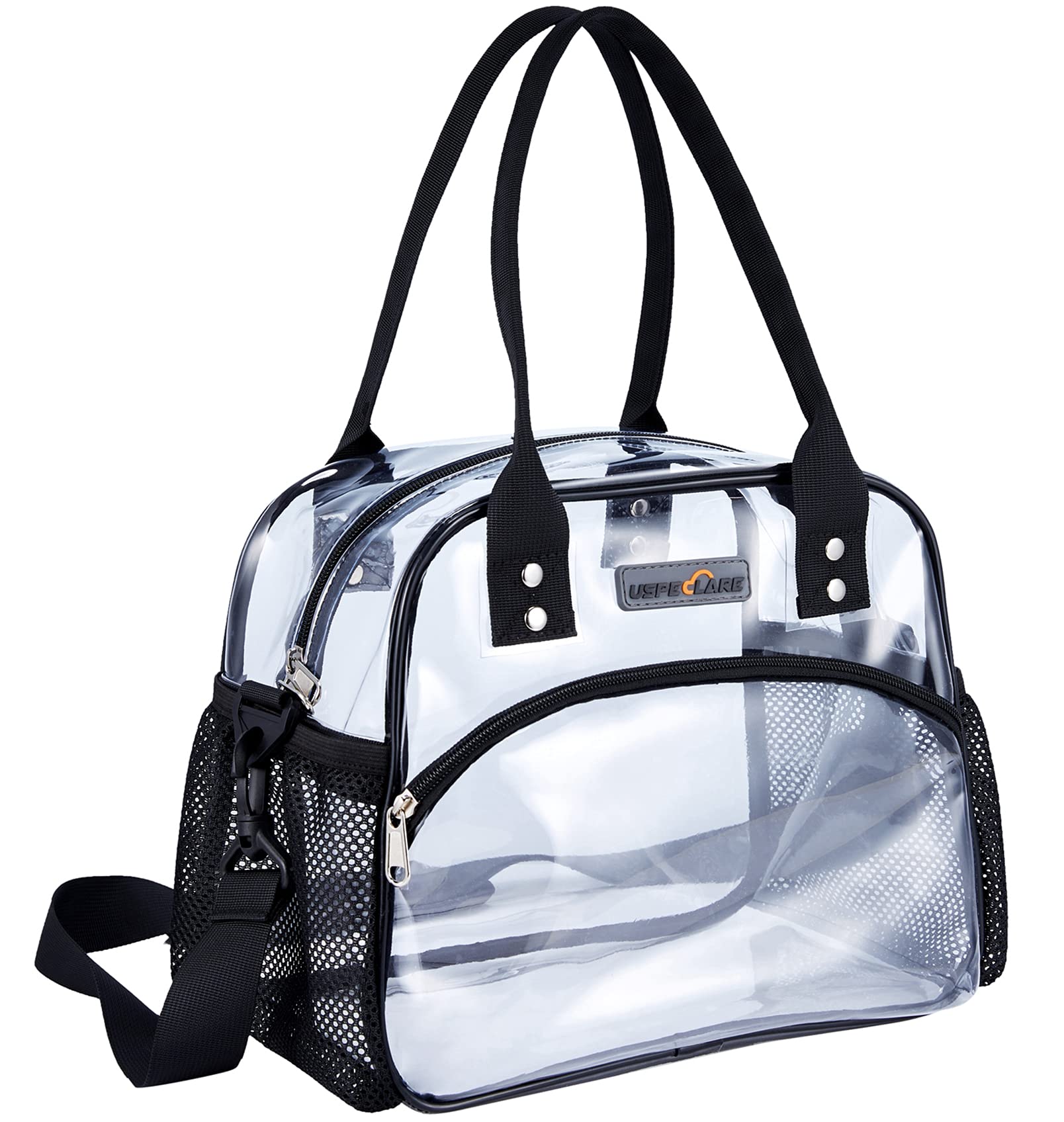 USPECLARE Clear Multi-purpose Tote Bag, Transparent Lunch Bag with Removable Bottom Board, Adjustable Shoulder Strap, Stadium Approved, 12 * 9.8 * 6 Inches, 4.97L, Clear PVC, Hand Wash