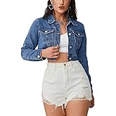 AiiUp Cropped Jean Jacket for Women Long Sleeve Classic Casual Crop Top Denim Jackets Coat