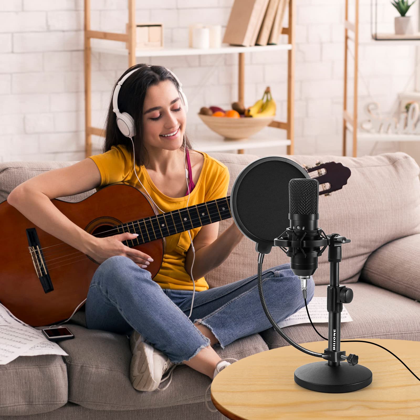 BILIONE Multifunctional Desktop Microphone Stand, Adjustable Mic Stand Desk with Pop Filter, Shock Mount, Microphone Clip, 5/8