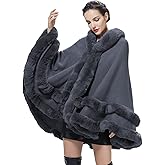 SUFCOMOU Women Hooded Poncho Cape Faux Fur Shawl Wrap with Fur Trim Sleeveless Cardigan Dressy Cloak Fashion Tops Coat