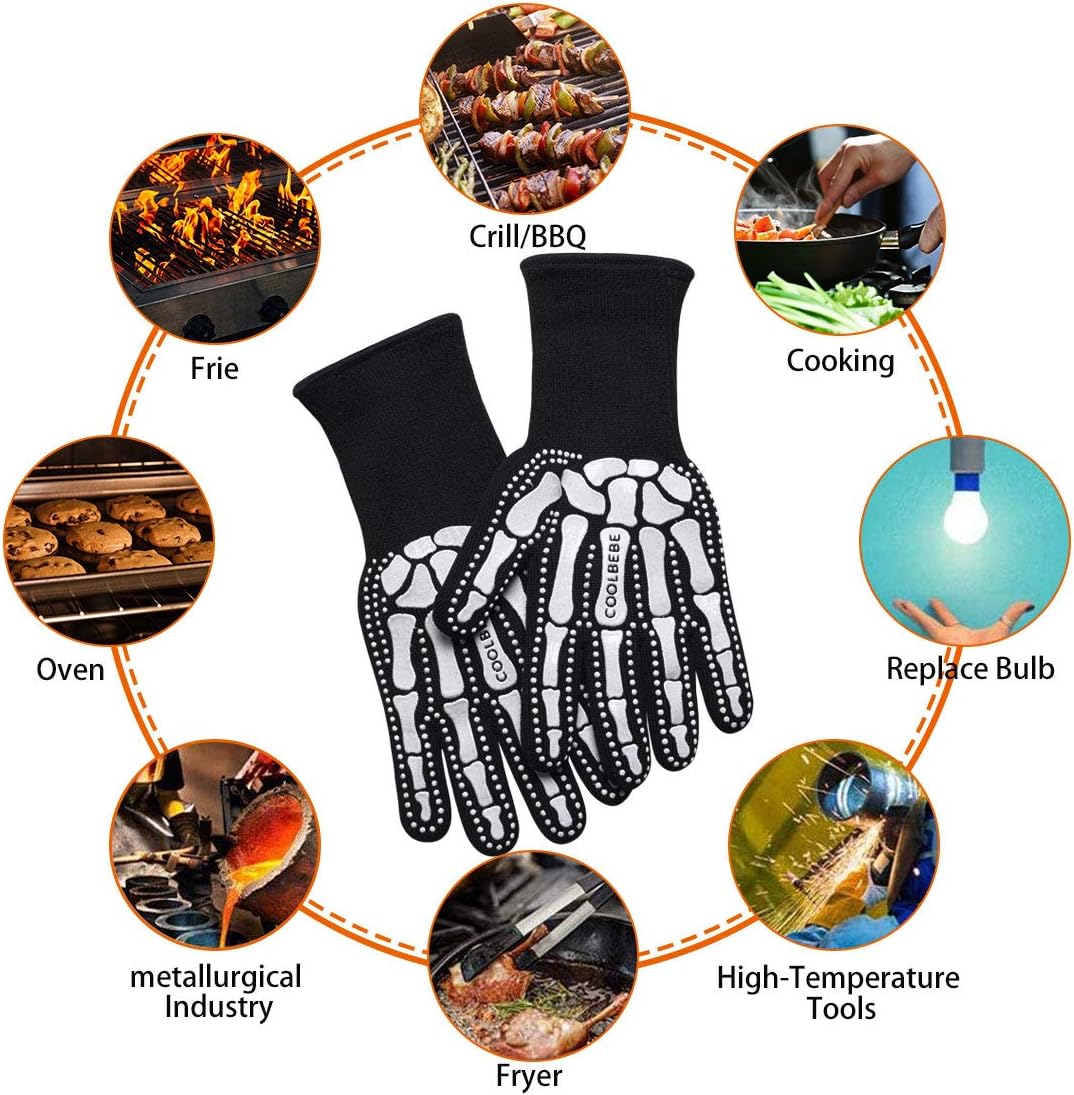 Black Skeleton BBQ Grill Gloves, COOLBEBE Unisex Cooking Oven Barbecue Gloves Kitchen Mitts with Skull Pattern - 1472°F Extreme Heat Resistant, Durable & Light Weight - 1 Pair : Garden & Outdoor