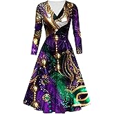 Mardi Gras Dress for Women New Orleans Carnival Party Dress Long Sleeve Warp V Neck Pleated A Line Swing Maxi Dresses