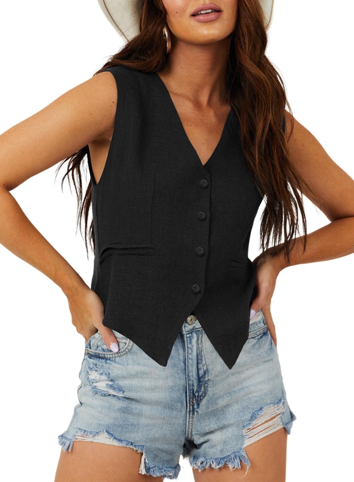 Photo 1 of Dokotoo Women's Fashion Dressy Vest V Neck Buttons Side Pockets Business Casual Vests Versatile Outerwear Suit Waistcoats Black X-Large