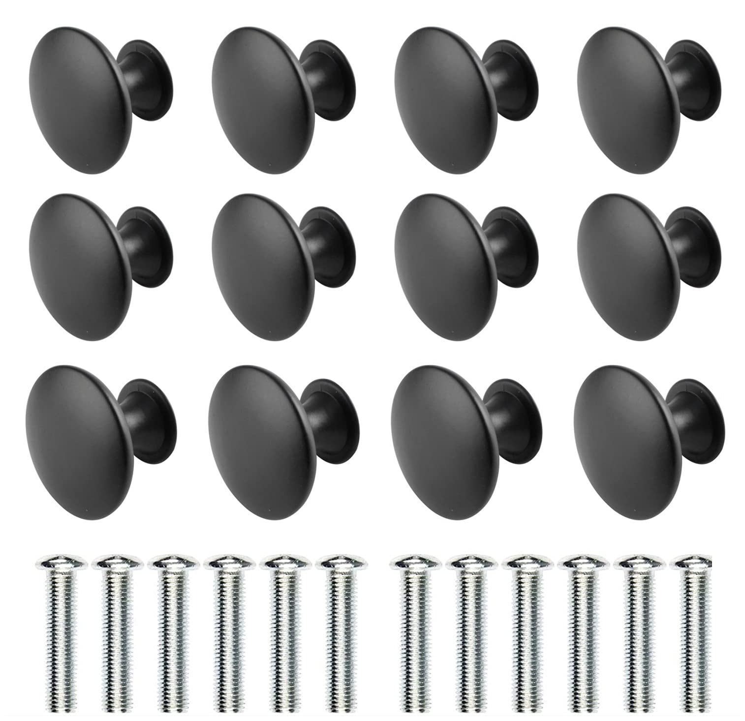 Wajade Round Drawer Knobs 12 Pack Black Cabinet Knobs Drawer Handles Pulls with Screws for Kitchen Bedroom Furniture 30mm